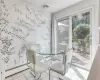 Dining space featuring visible vents, baseboard heating, and light tile patterned flooring