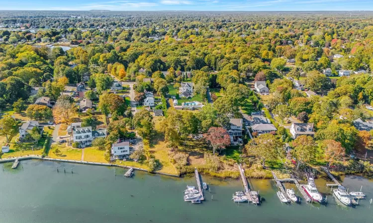 Drone / aerial view with a water view and a view of trees