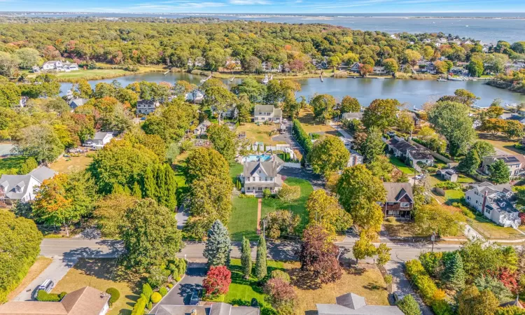 Bird's eye view featuring a forest view, a water view, and a residential view