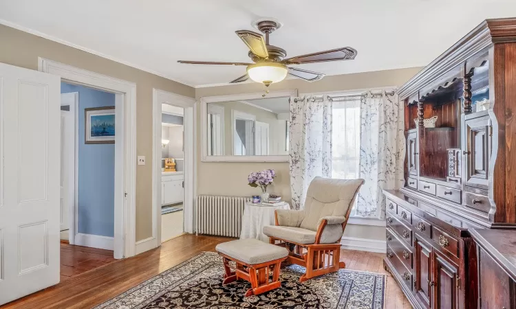 Sitting room with radiator, ceiling fan, crown molding, and light wood finished floors