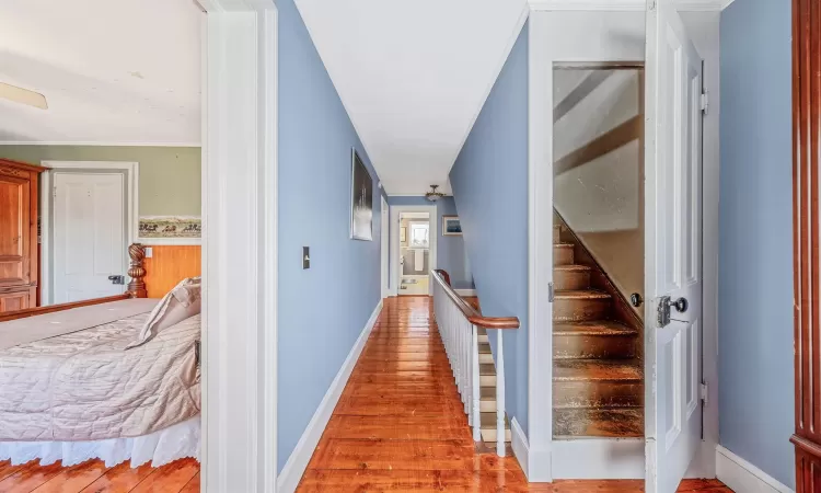 Hall with light wood finished floors, stairs, and baseboards