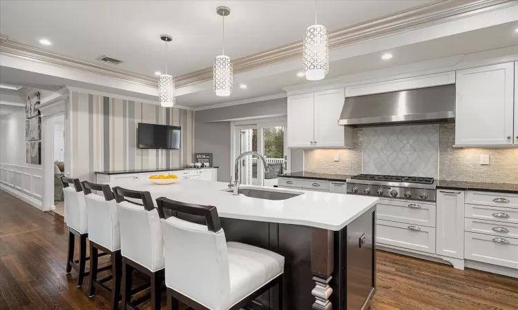 Kitchen featuring a kitchen island with sink, a sink, stainless steel gas stovetop, a raised ceiling, and wall chimney range hood