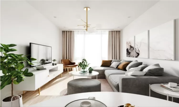 Living room featuring light hardwood / wood-style flooring, a healthy amount of sunlight, and a notable chandelier