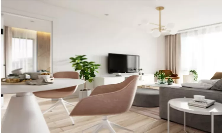 Living room with hardwood / wood-style floors and an inviting chandelier