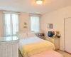 Bedroom featuring light carpet, multiple windows, and a closet