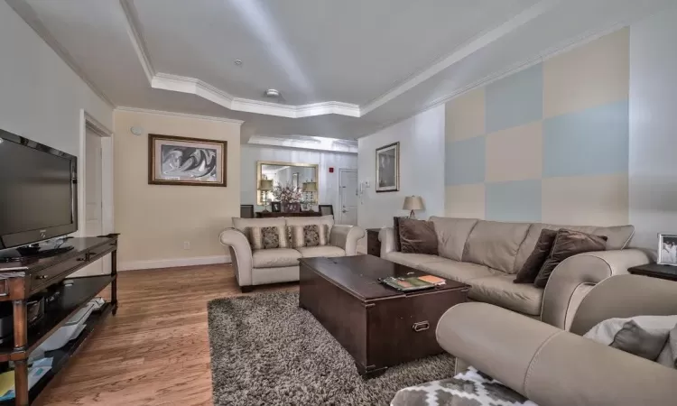 Living room with baseboards, a raised ceiling, wood finished floors, and crown molding