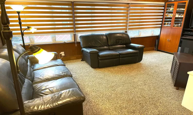 Carpeted living area with a wealth of natural light and wood walls