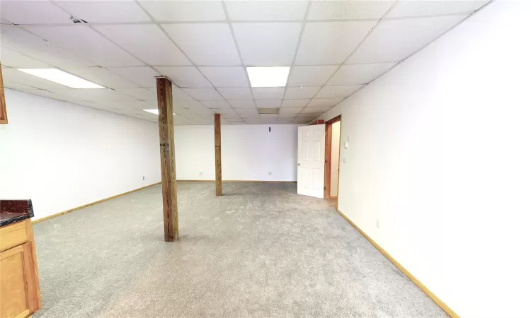 Finished basement featuring a paneled ceiling, baseboards, and carpet flooring