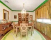 Dining space featuring a notable chandelier, wood finished floors, visible vents, and ornamental molding