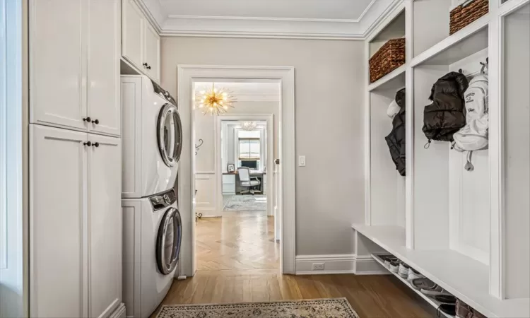 Mudroom with Coats Closets, Cubbies, Additional Storage and Electrolux Washer and Dryer