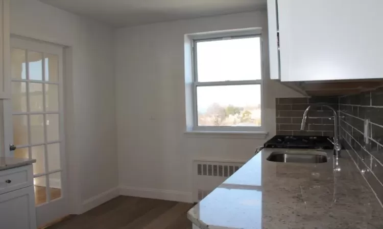 Kitchen featuring radiator, dark wood-style floors, baseboards, a sink, and tasteful backsplash