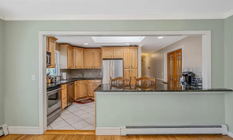 Kitchen with dark granite countertops, stainless steel appliances, a peninsula, a skylight, and baseboard heating