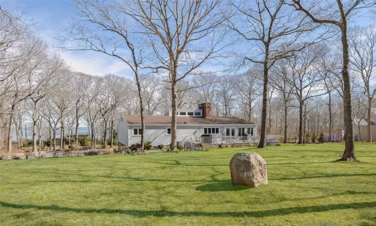 Rear view of house with a lawn and a chimney