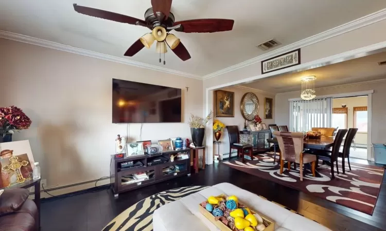 Living area with visible vents, crown molding, hardwood / wood-style floors, baseboard heating, and a baseboard radiator