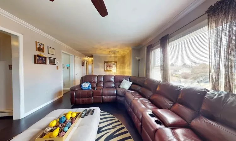 Living room with ceiling fan, wood finished floors, baseboards, and ornamental molding