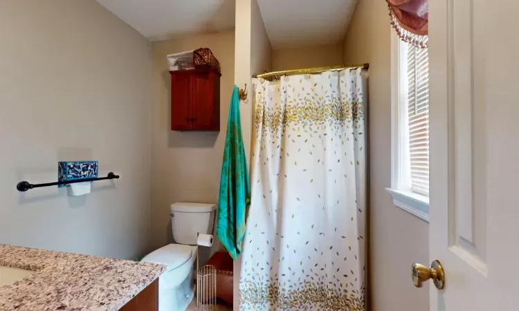 Primary Full bathroom with a wealth of natural light, curtained shower, toilet, and vanity