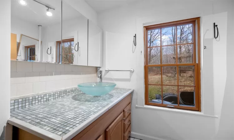 Bathroom with vanity, a healthy amount of sunlight, and backsplash