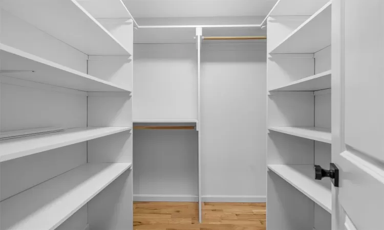 Walk in closet with wood finished floors