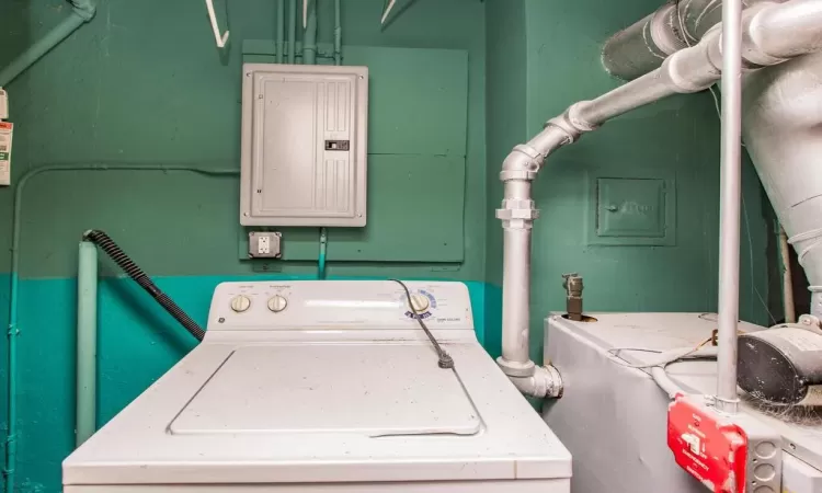 Laundry room with electric panel, washer / clothes dryer, and laundry area