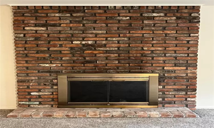 Room details featuring brand new carpet flooring, a fireplace  with brass framed glass doors