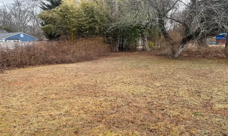 View of yard featuring fence and mature plantings surrounding the perimeter of property