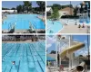 Pool with a patio, fence, a water slide, and a water play area