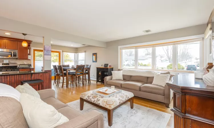 Living room with visible vents, baseboards, a toaster, light wood-style flooring, and recessed lighting