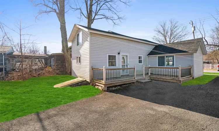 Rear view of house featuring a wooden deck, a yard, and a shingled roof